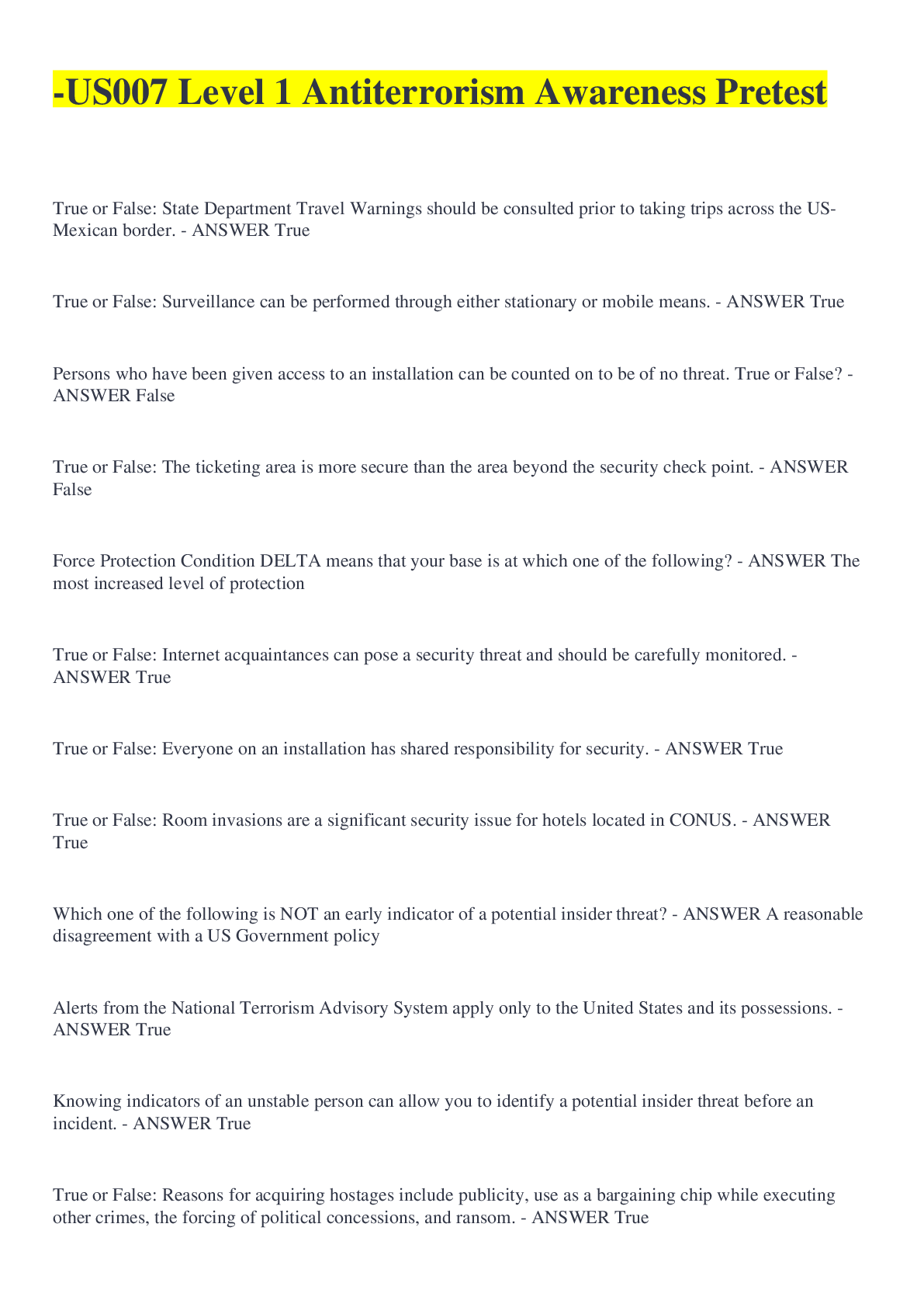 -US007 Level 1 Antiterrorism Awareness Pretest - Browsegrades